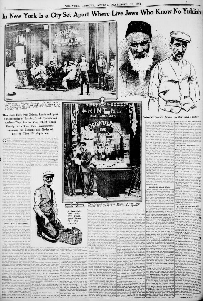Artículo de 1912 en el New York Tribune sobre las comunidades sefardí y mizrahi de Manhattan.