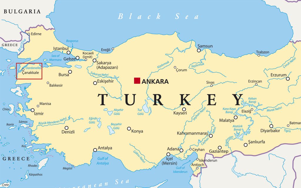 Mapa de Turquía que muestra la ubicación de Canakkale
