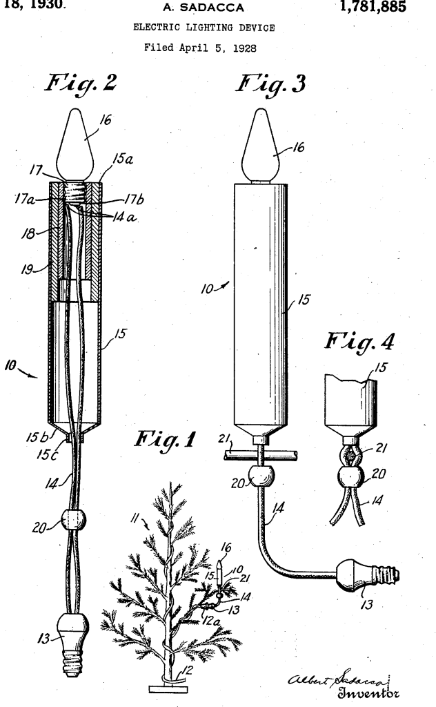 Una patente de Albert Sadacca, correspondiente a un dispositivo de iluminación eléctrica con forma de vela, solicitada el 5 de abril de 1928 y concedida el 18 de noviembre de 1930. Patente No. 1,781,885. Oficina de Patentes, EE.UU.